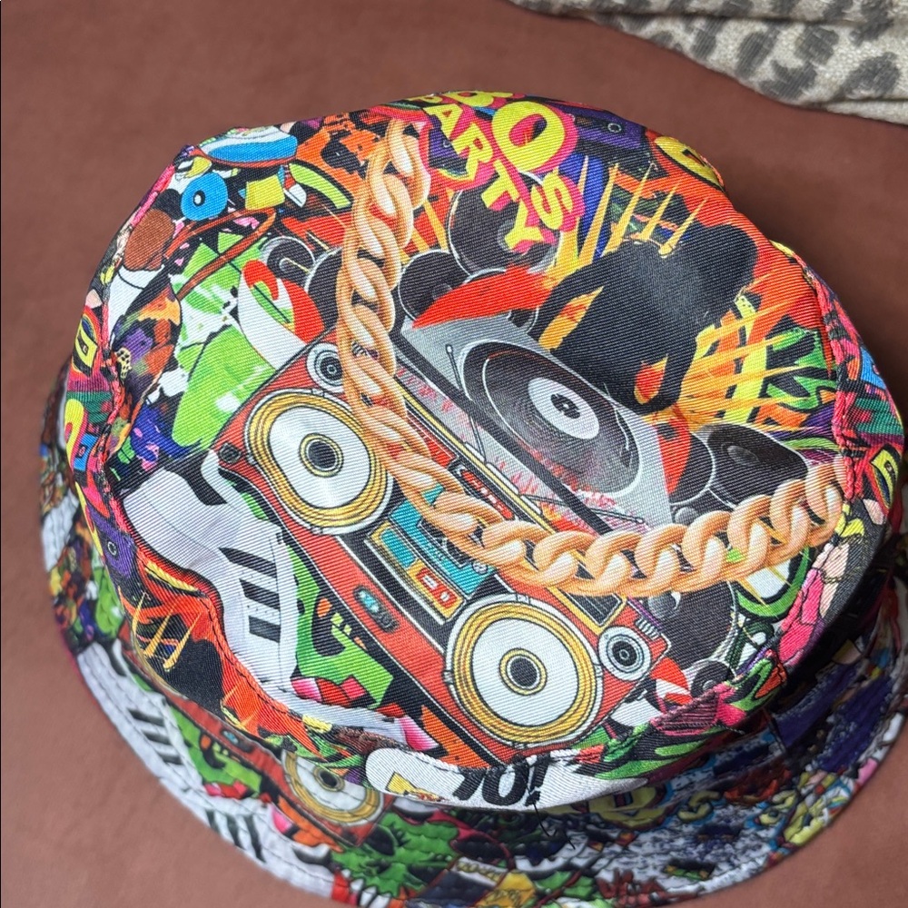80s 90s graphic multicolored nostalgic graffiti hip hop party bucket hat - Picture 2 of 6
